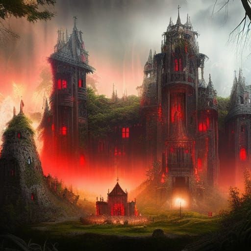 Dramatic Dark Castle with Red Windows and Lightning