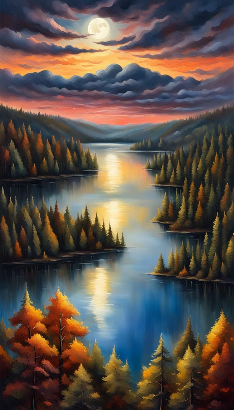 Twilight Lake and Forest Aerial View Painting