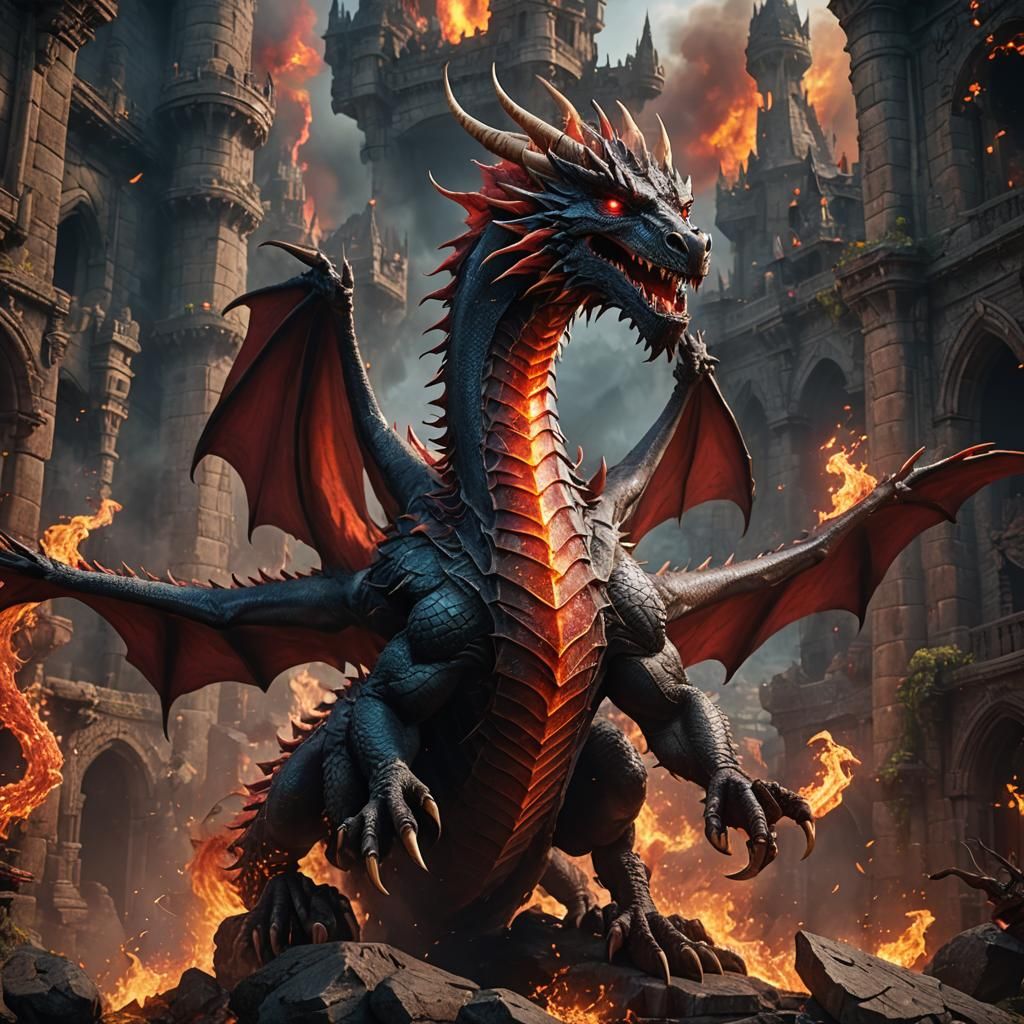 Red Fire-Breathing Dragon in Detailed Matte Painting