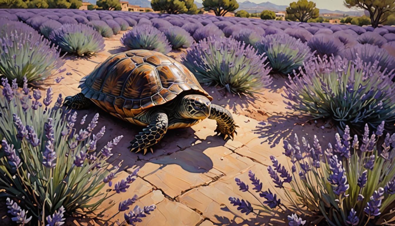 Turtle in Lavender Field: Impasto Acrylic Painting