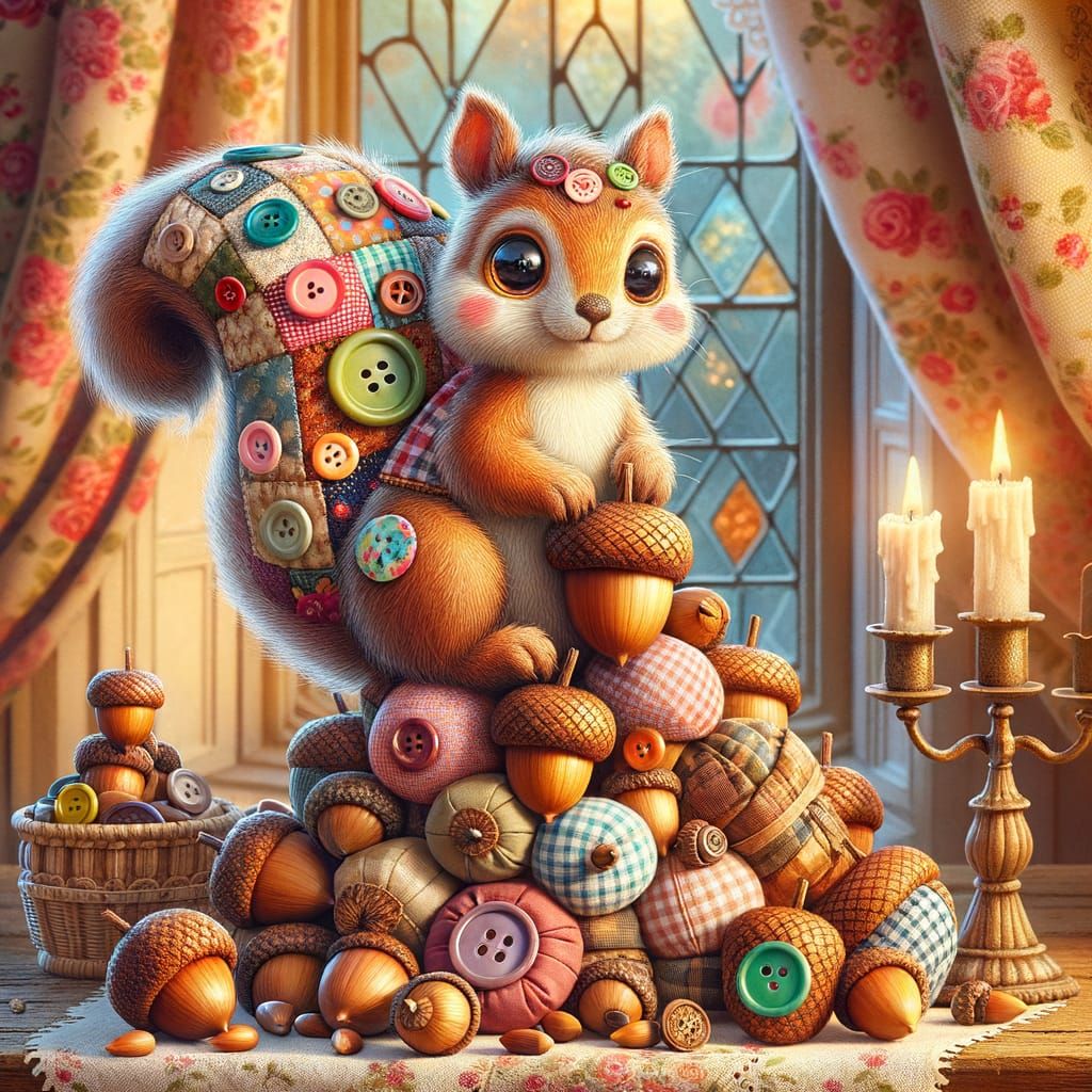 Patchwork Squirrel in Candle-Lit Room