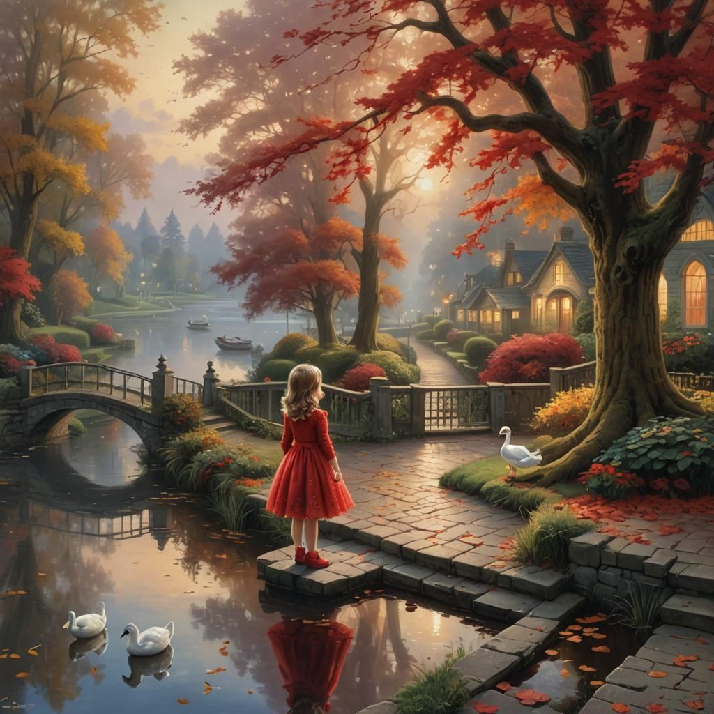 Autumn Riverside Scene with Girl and Ducks