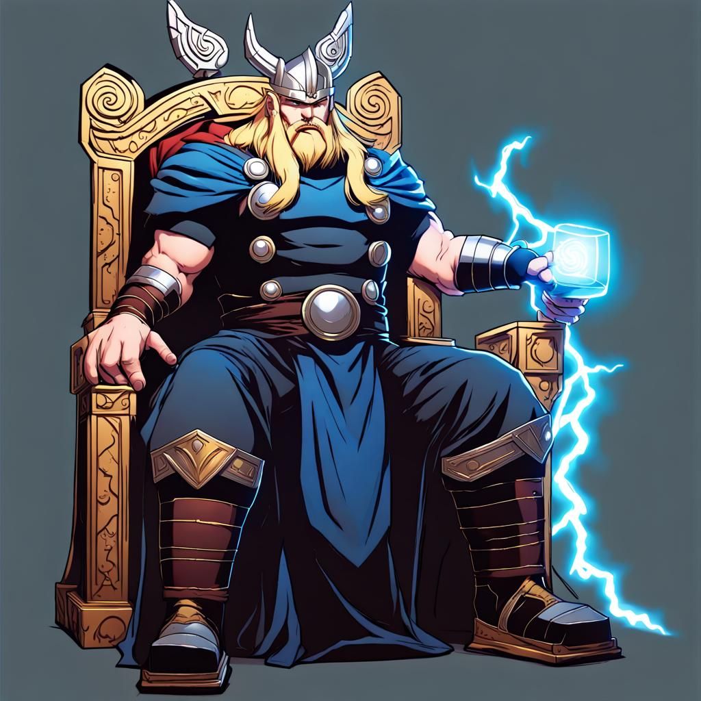 Heavyset Thor on Throne in Hades Game Art Style