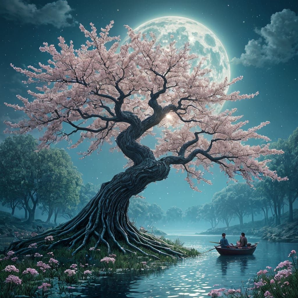 Bioluminescent Sakura Tree in Watercolor Painting