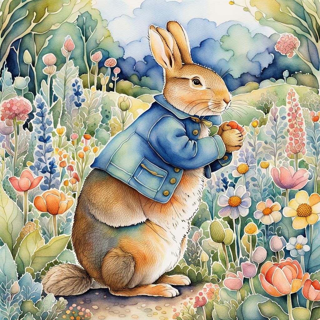 Peter Rabbit Zentangle in a Colorful Garden