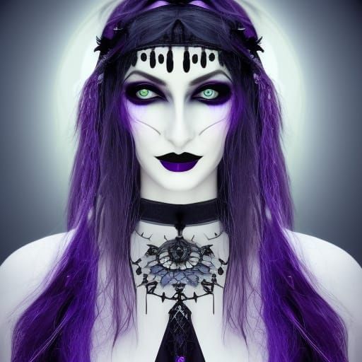 Uncanny ethereal Gothic Wiccan priestess with long flowing black hair& Beautiful crystal blue eyes& wearing smoky black ...