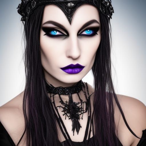 Uncanny ethereal Gothic Wiccan priestess with long flowing black hair& Beautiful crystal blue eyes& wearing smoky black ...