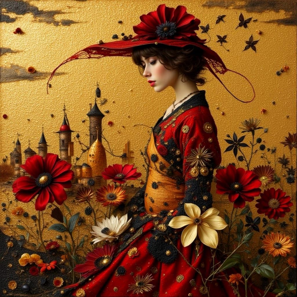 A lady in red, gold and black looking great