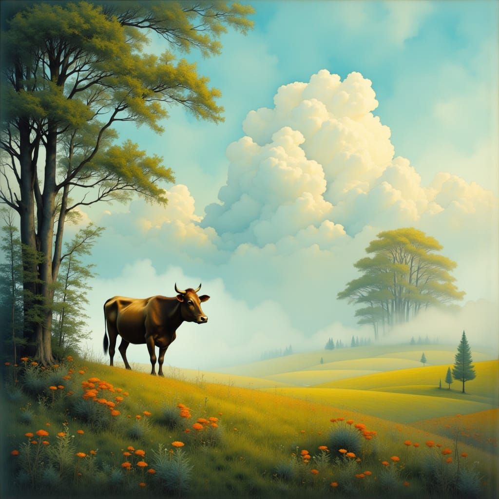 Dreamy Meadow with Serene Cow and Ethereal Mist