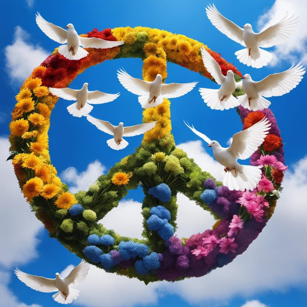 Doves Form Peace Sign in Rainbow Sky
