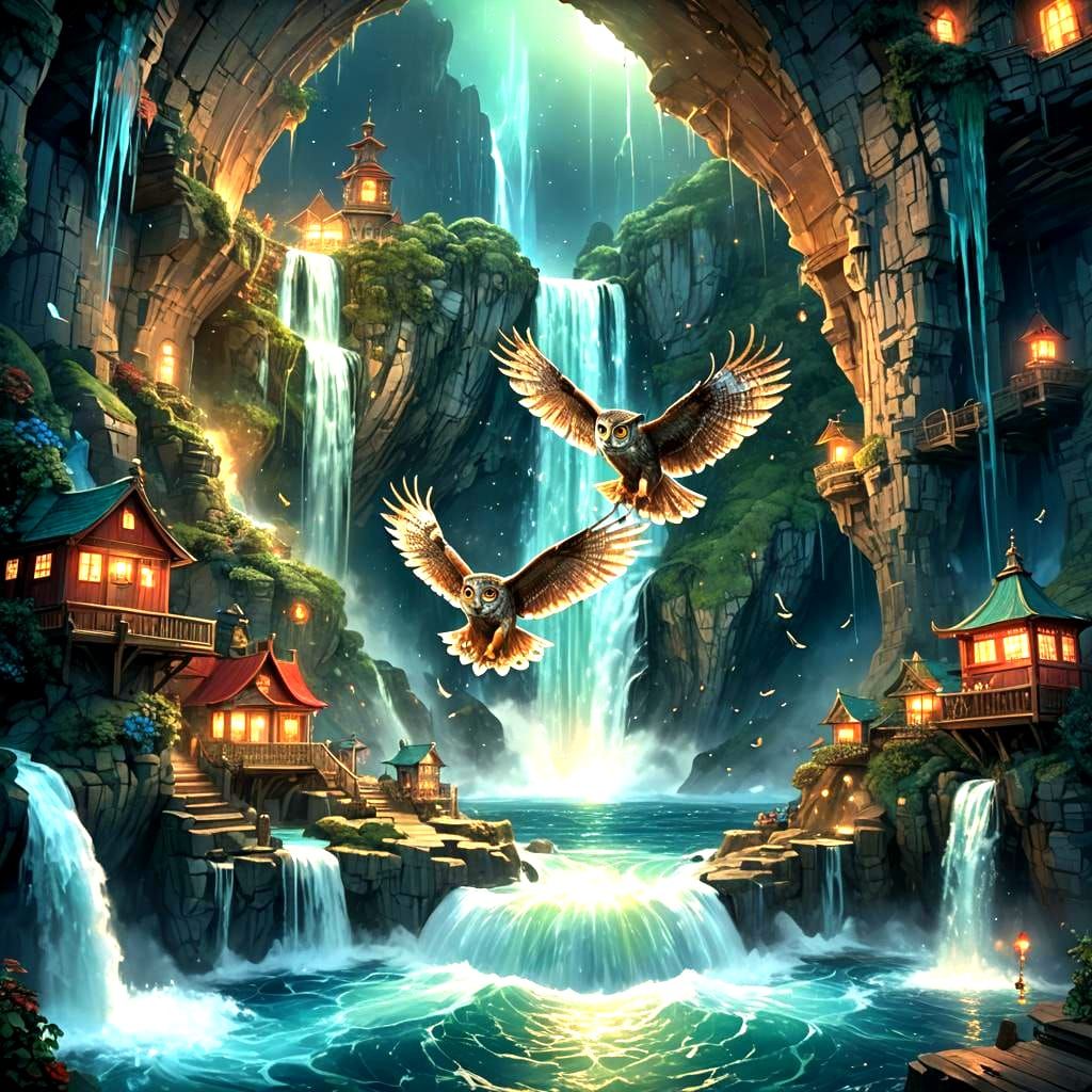 Whirlpool Village: Waterfalls, Owl, and Moonlit Ocean