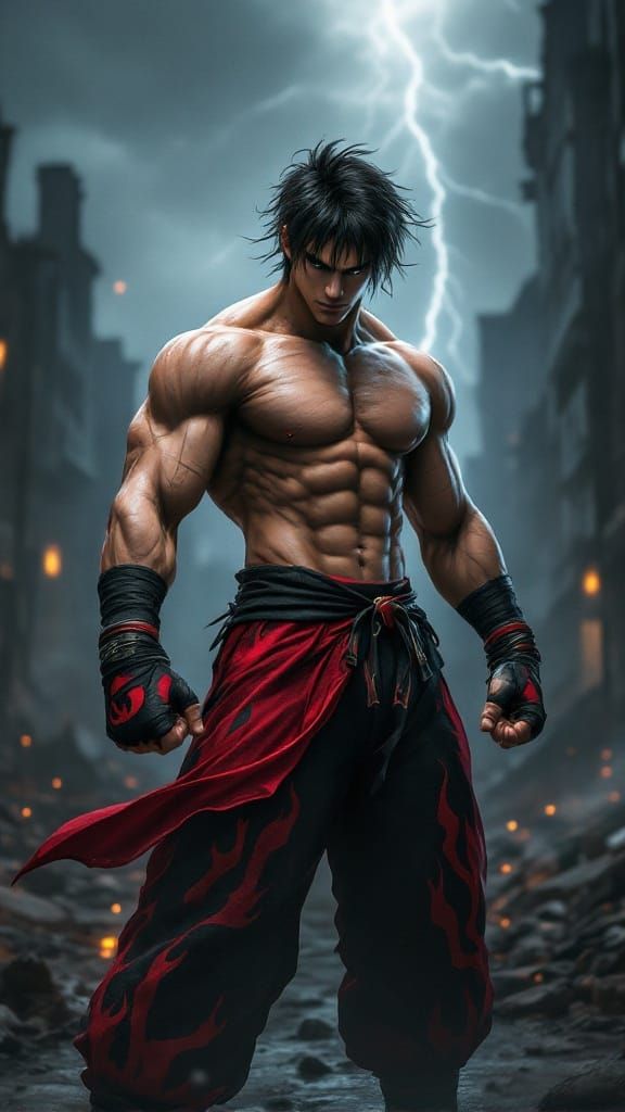 Realistic Portrait of Jin Kazama in Fighting Stance