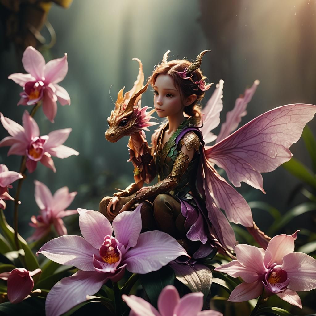 Dragon Fairy on Orchid Petal in Cinematic Style