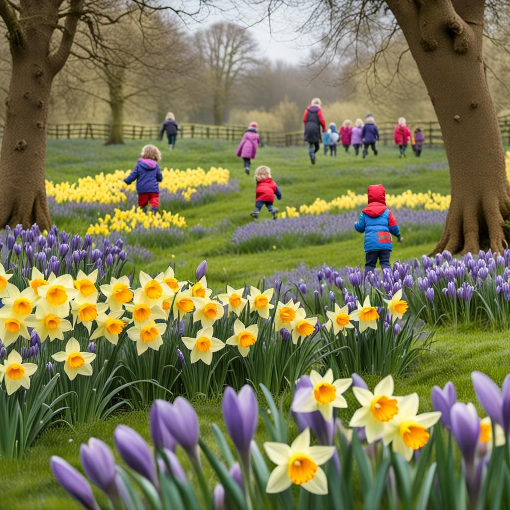Spring Meadow with Daffodils, Crocus and Children