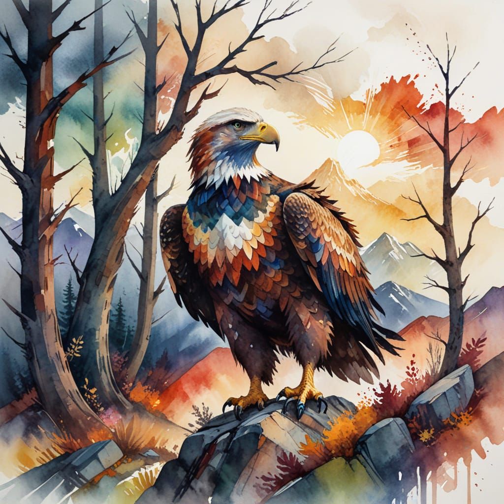 Soaring Eagle Above Highlands in Watercolor Style