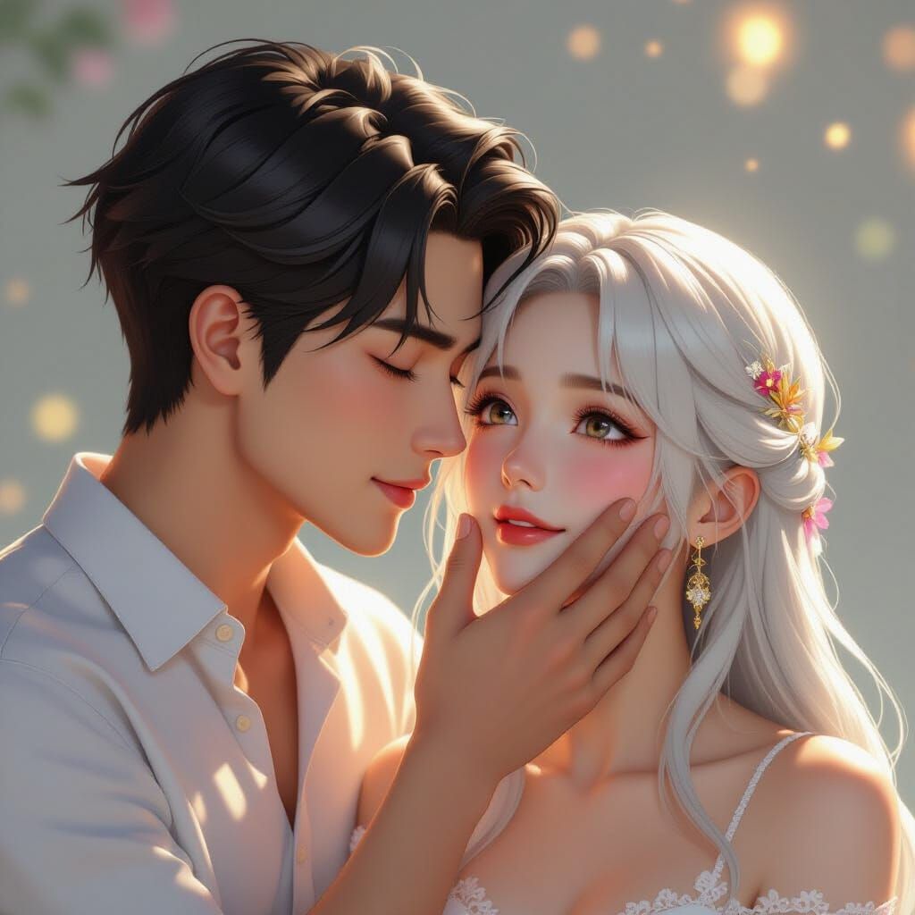 Tender Moment: Man Cradles Cheek in 3D Anime Style