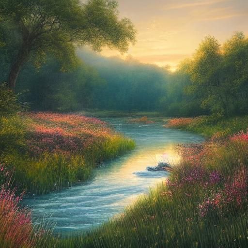 Sunset River Scene with Wildflowers, Digital Matte Painting