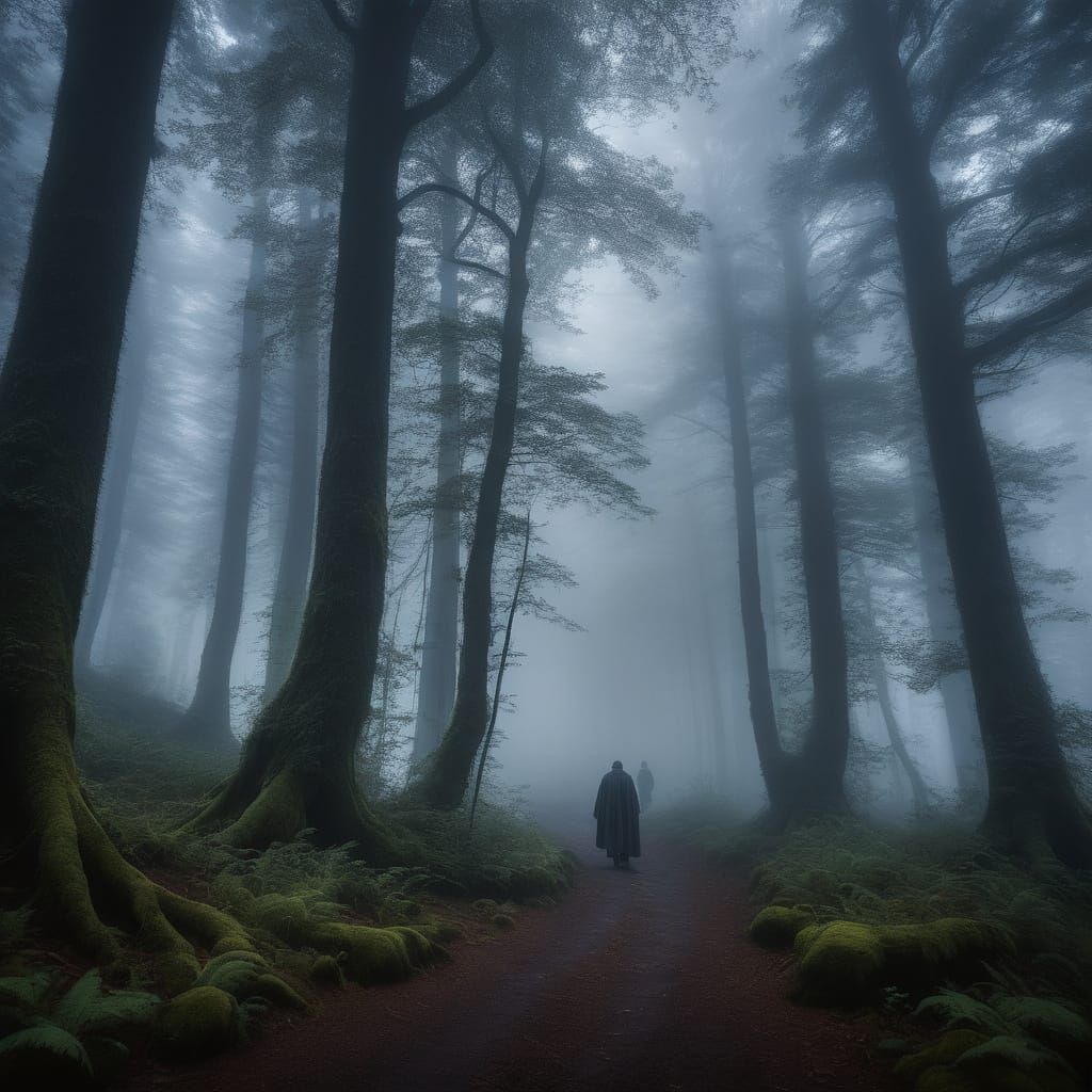 Mysterious Traveler on Foggy Forest Path