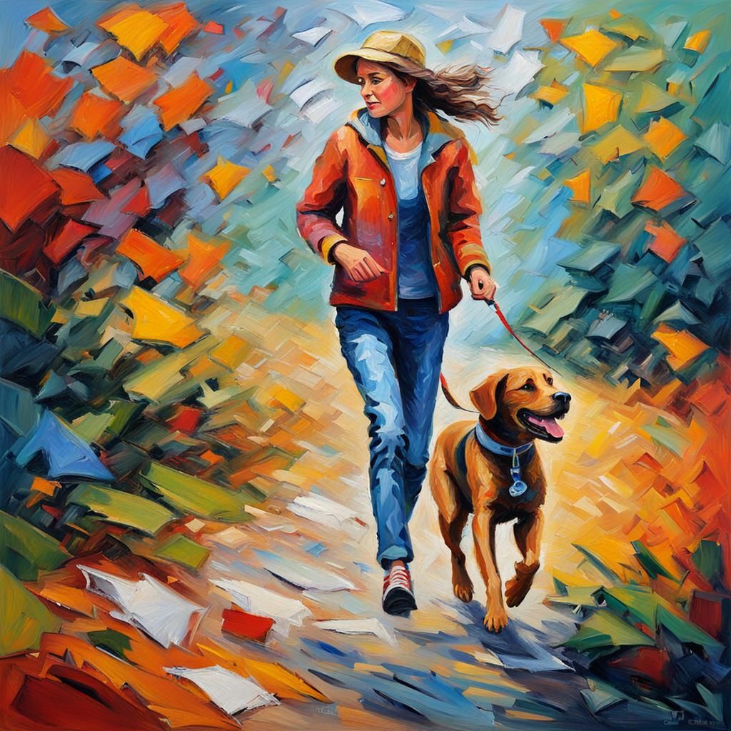 Dog and Girl in Expressionist Oil Painting Style
