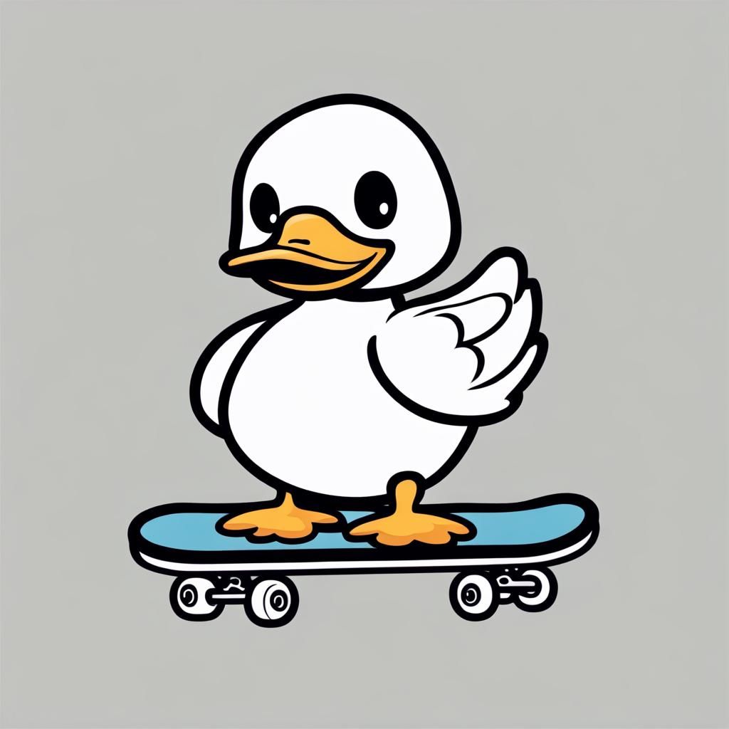 Cartoon Duck on Skateboard: Flat Doodle Vector Logo