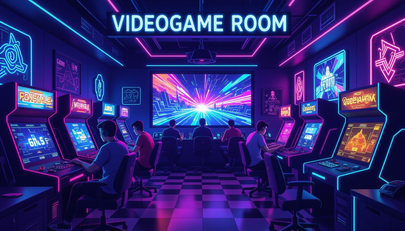 Neon-Lit Videogame Club Room in Concept Art Style