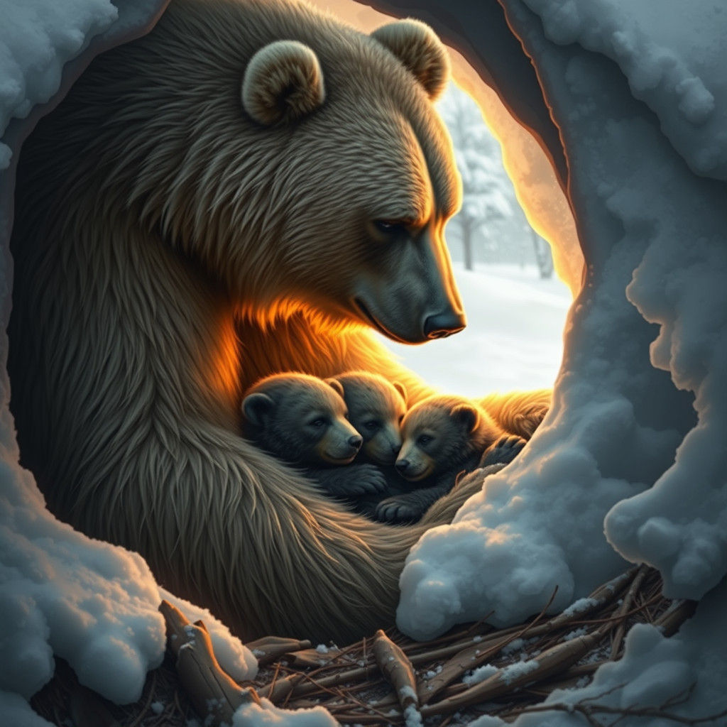 Mother Bear and Cubs in Winter Den
