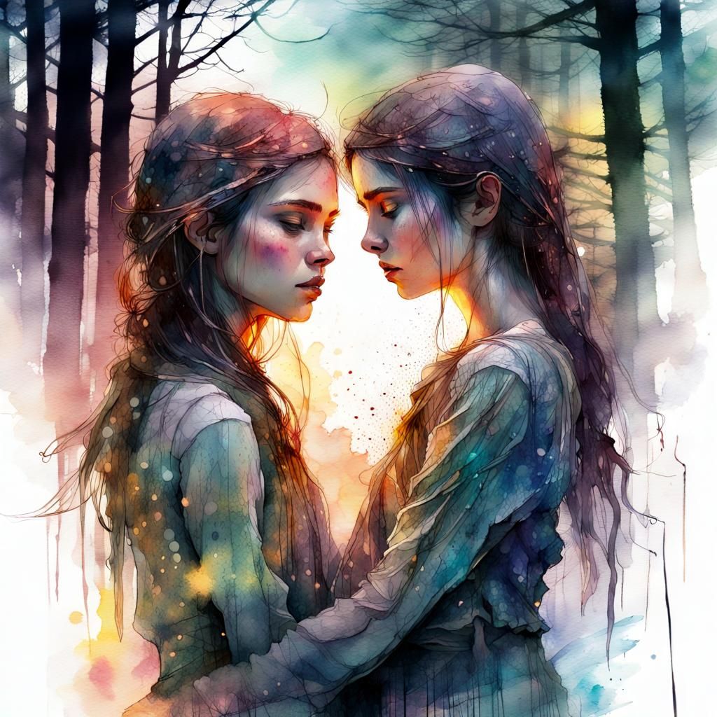 Twin Sisters in a Glowing Forest, Watercolor Art