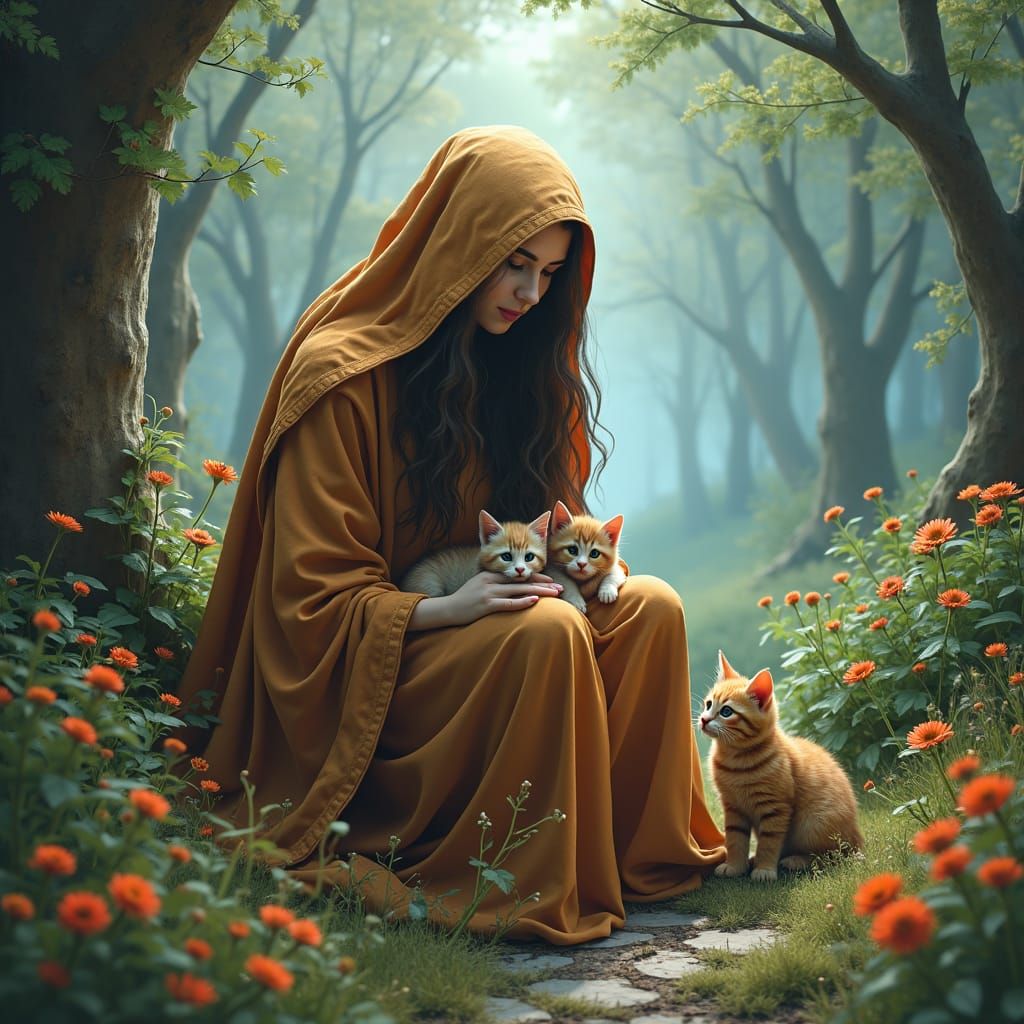 Enchanting Witch and Feline Companions in Forest Glade