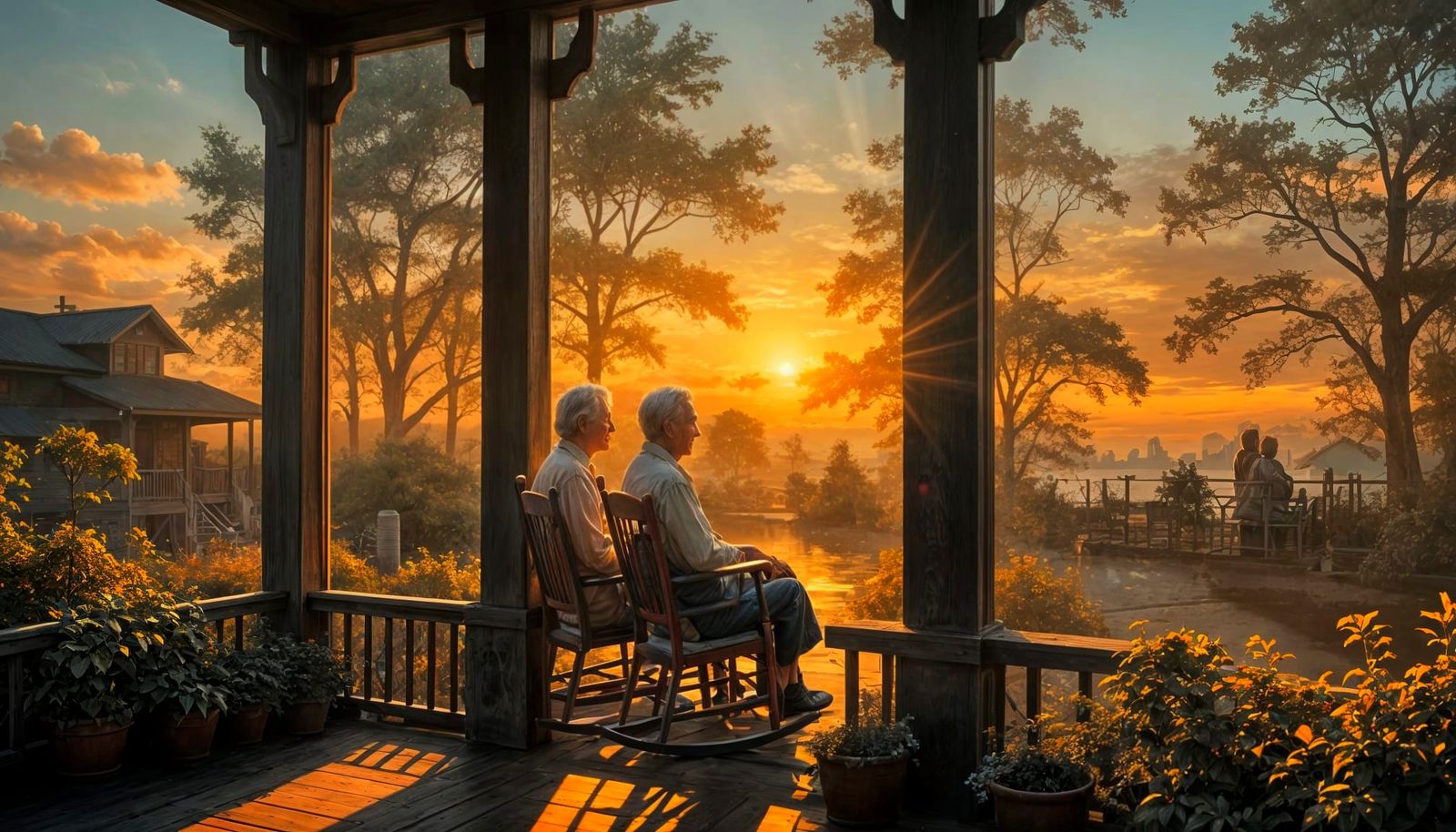 Nostalgic Sunset View from Porch in Tonalist Style