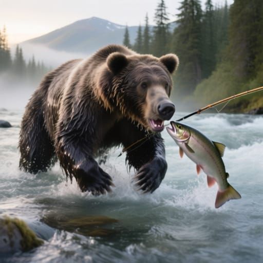 Photorealistic Grizzly Bear Fishing in Alaskan River