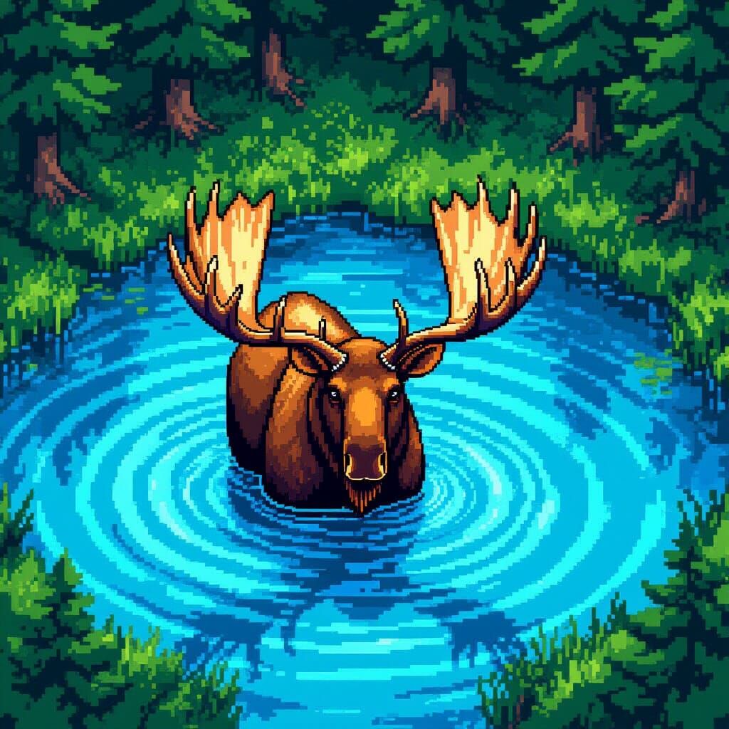 Pixel Art Moose in Pond