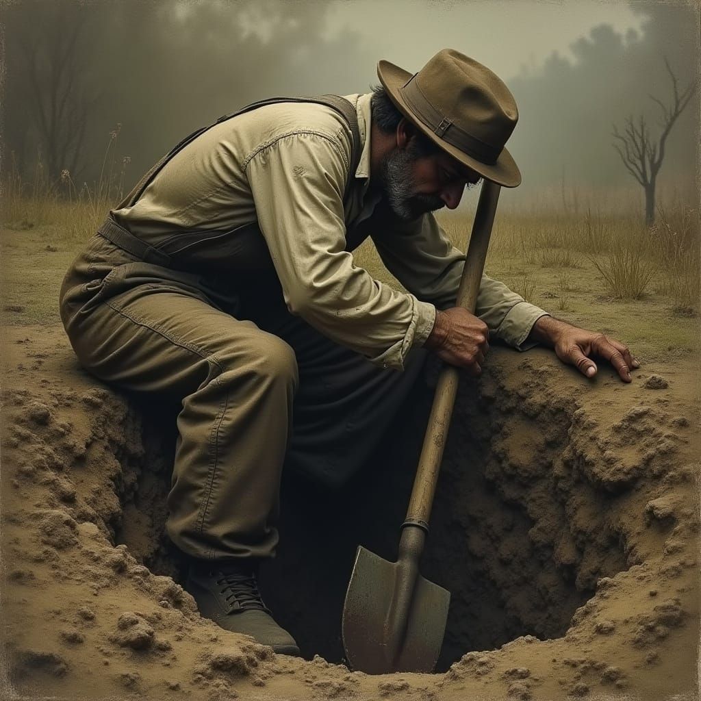 Exhausted Gravedigger in Chiaroscuro Style