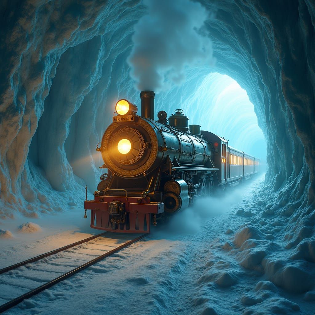 Steampunk Train in Frozen Ice Cave