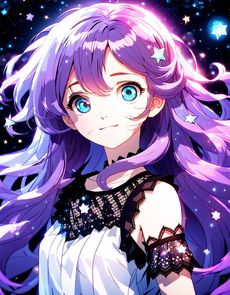 Anime Portrait with Purple Hair and Sparkling Stars