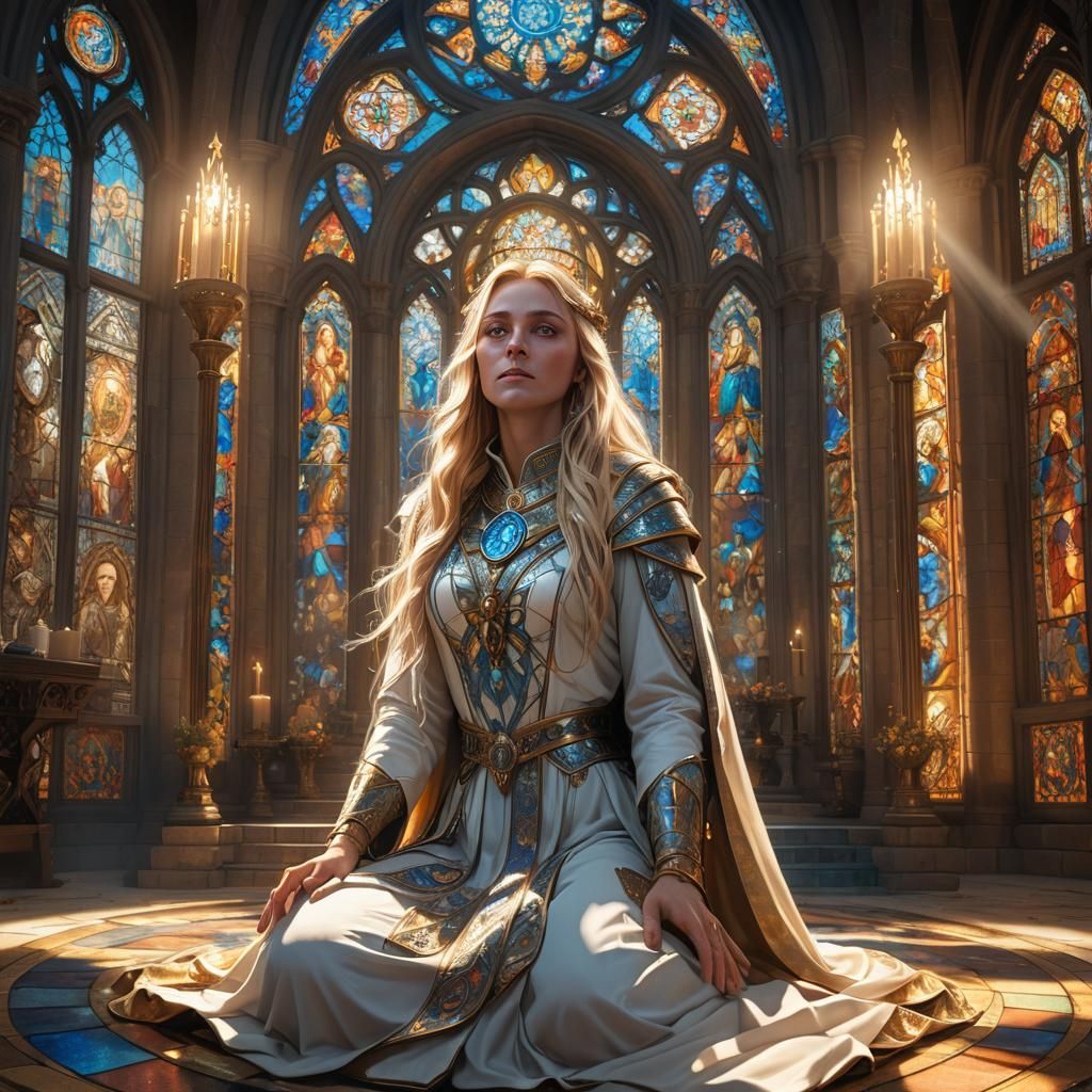 Priestess Kneeling at Altar in Golden Light