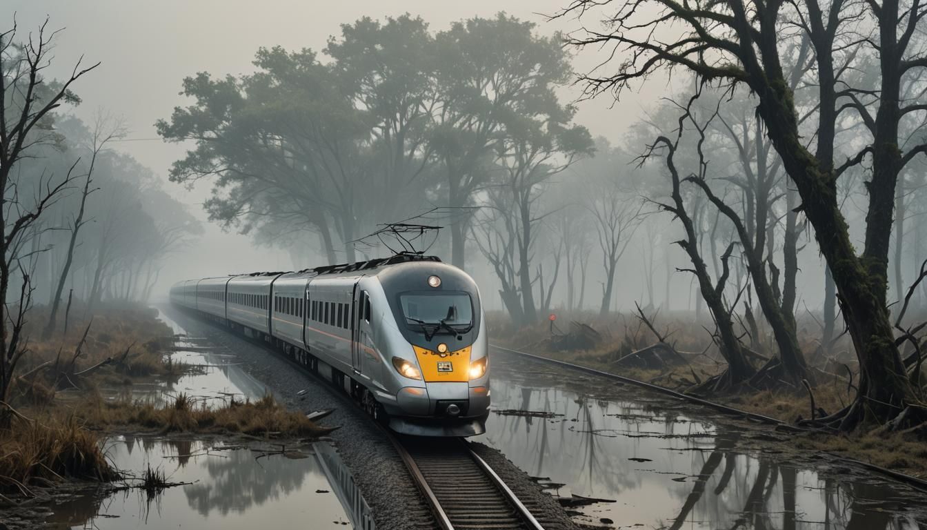 Sinister Bullet Trains in Foggy Swamp