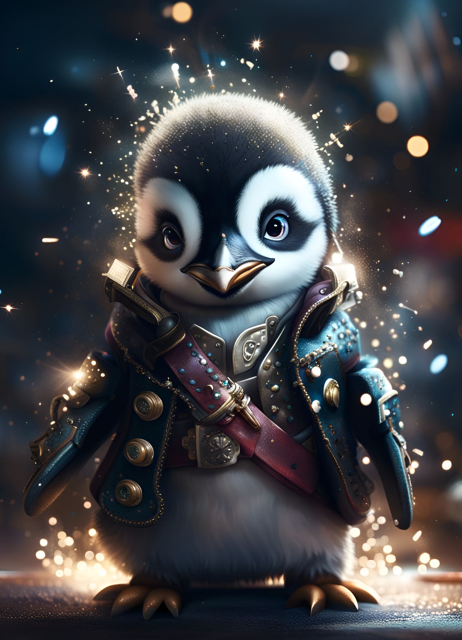 Glittering Penguin Pirate Portrait in Maximalist Style