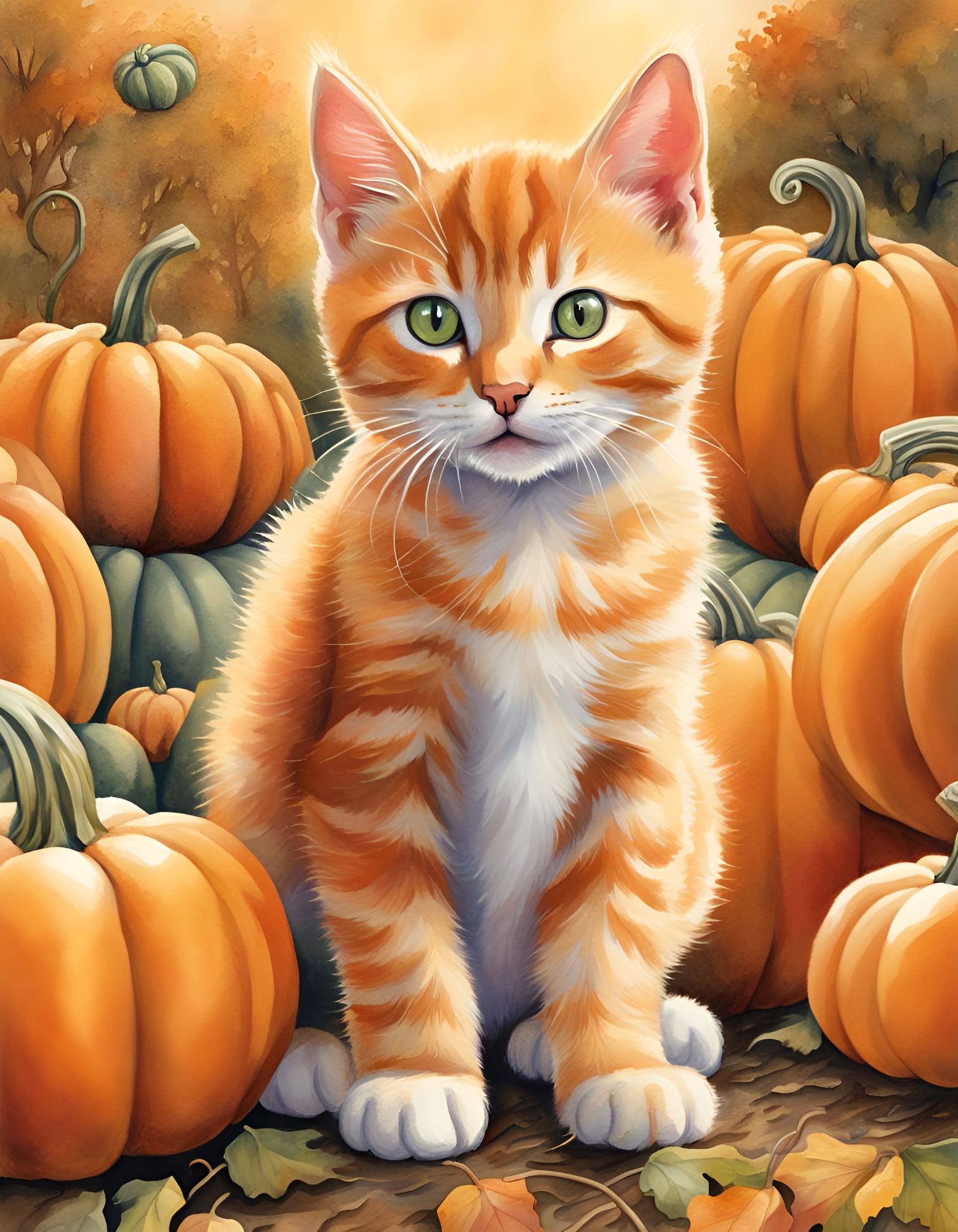 Tabby Kitten in Pumpkin Patch, Watercolor Illustration