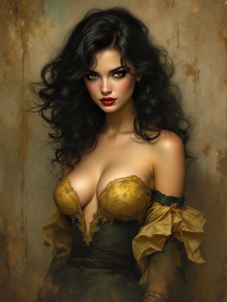 Raven Haired Pin-Up Woman in Tonalist Oil Painting Style