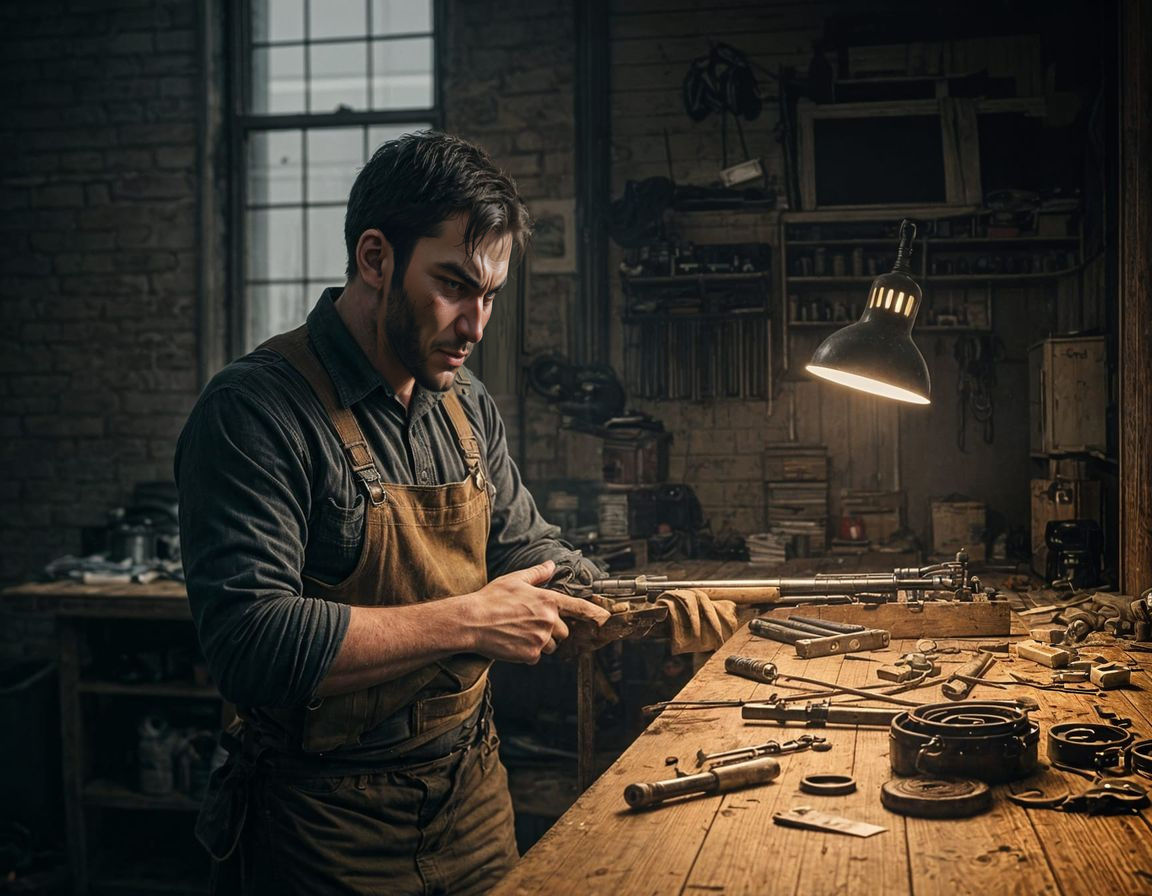 Man with Rifles in Starkly Lit Workshop