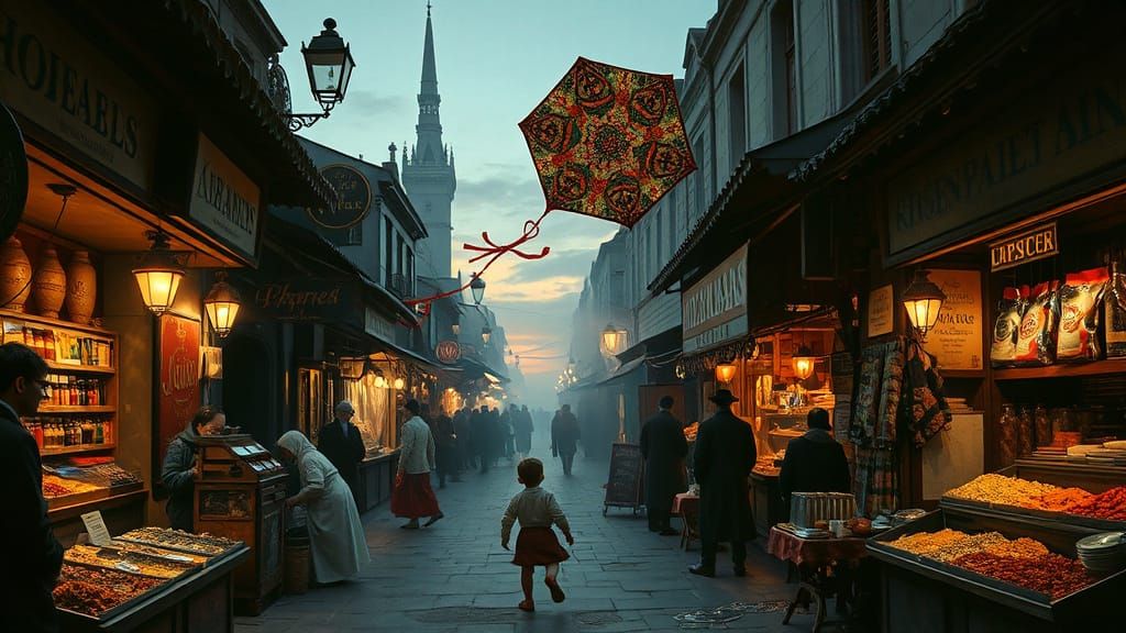 Victorian Market Dusk Oil Painting with Kite