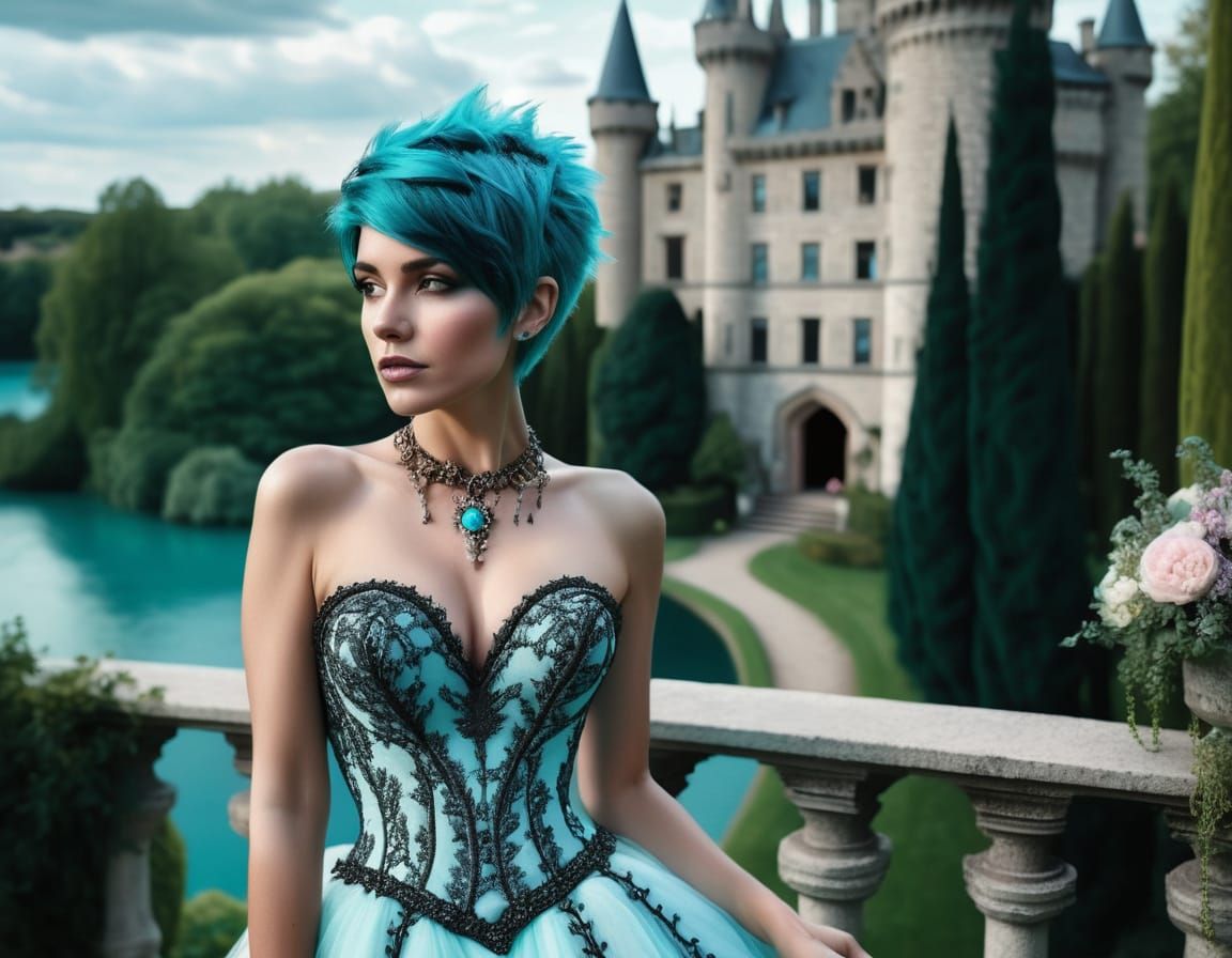 Gothic Bride with Turquoise Hair on Castle Balcony