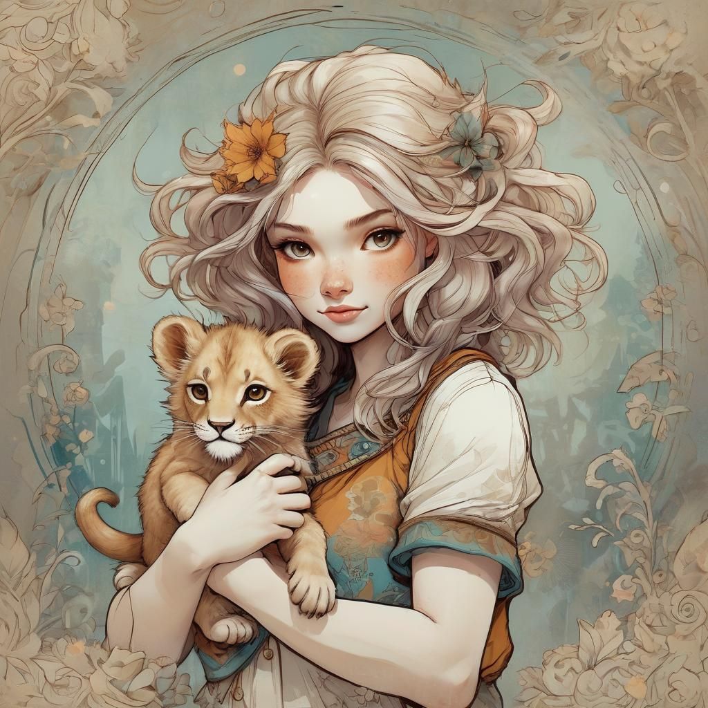 Girl with Lion Cub: A Cheerful Digital Illustration