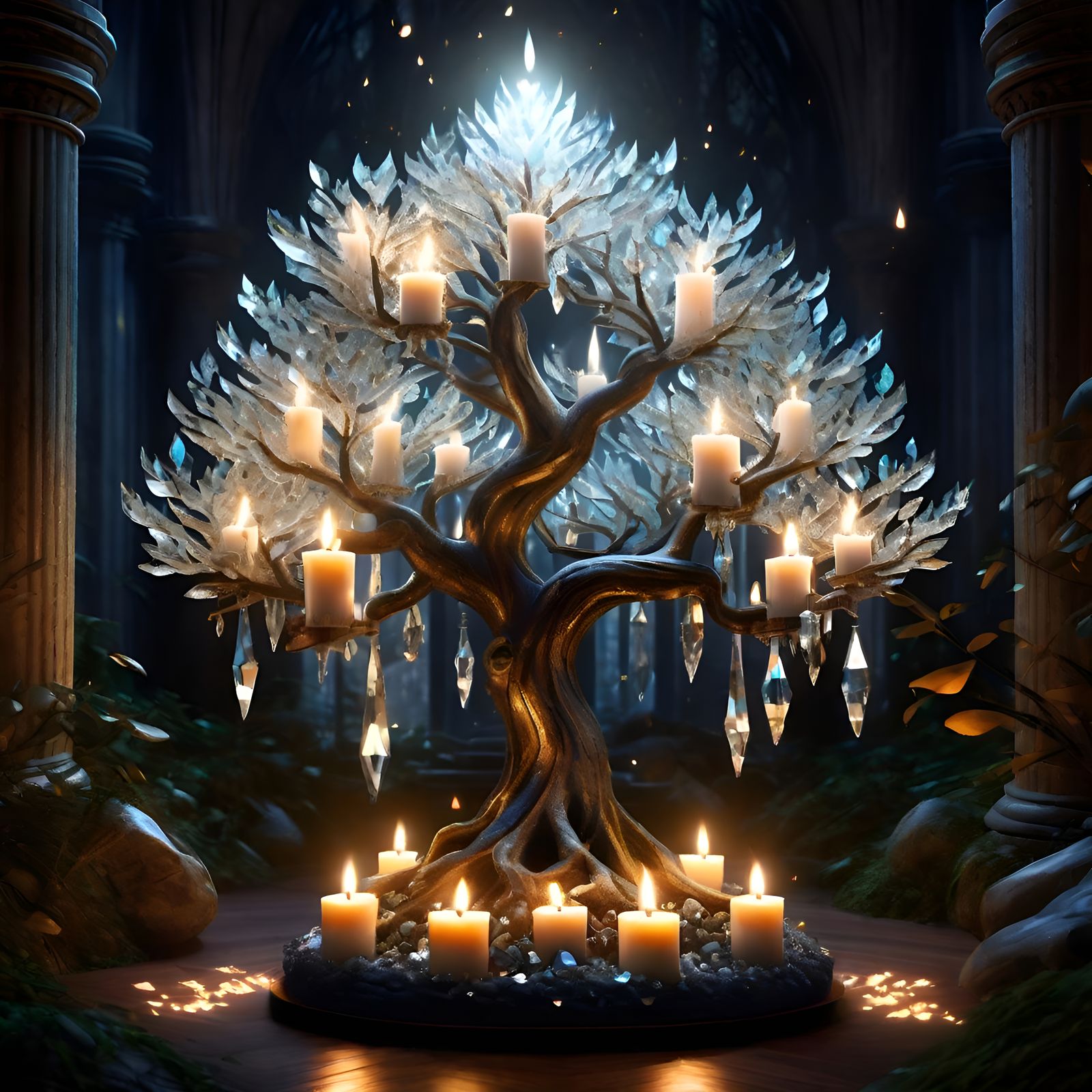 Crystal Tree in Candlelit Forest: Dreamscape