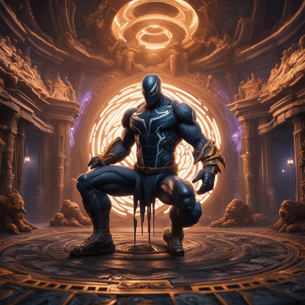 Hypnotized Muscular Man in Venom Suit, Detailed Matte Painti...