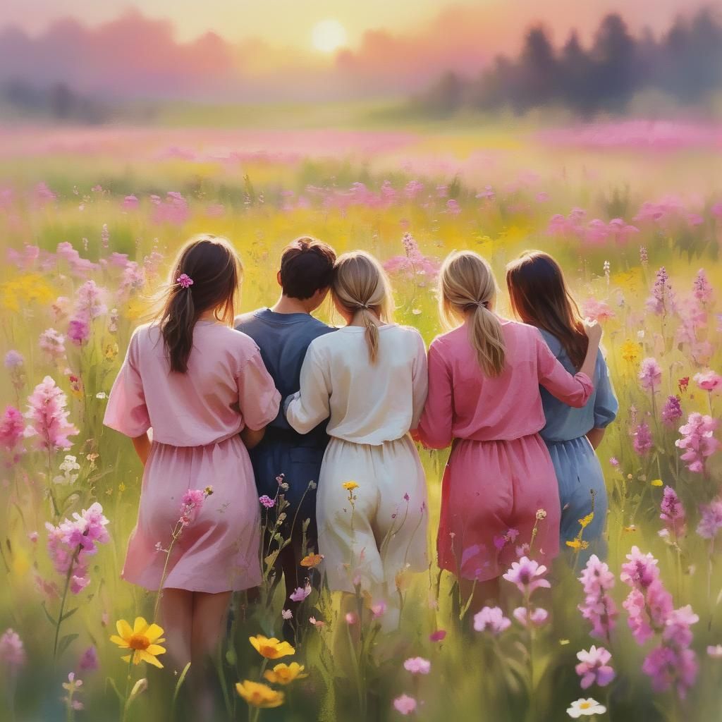 Friends in Wildflower Field: Vibrant Digital Art