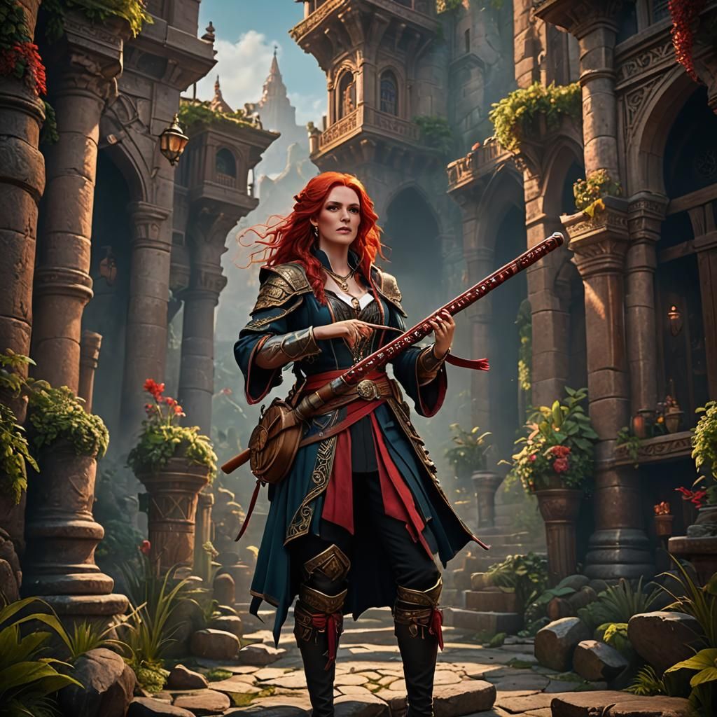 Fantastical Red-Haired Bard with Whip and Flute