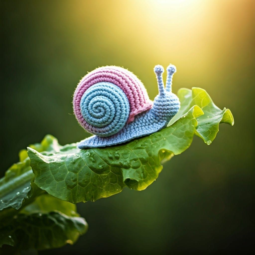Pastel Crochet Snail with Lettuce, Whimsical Illustration