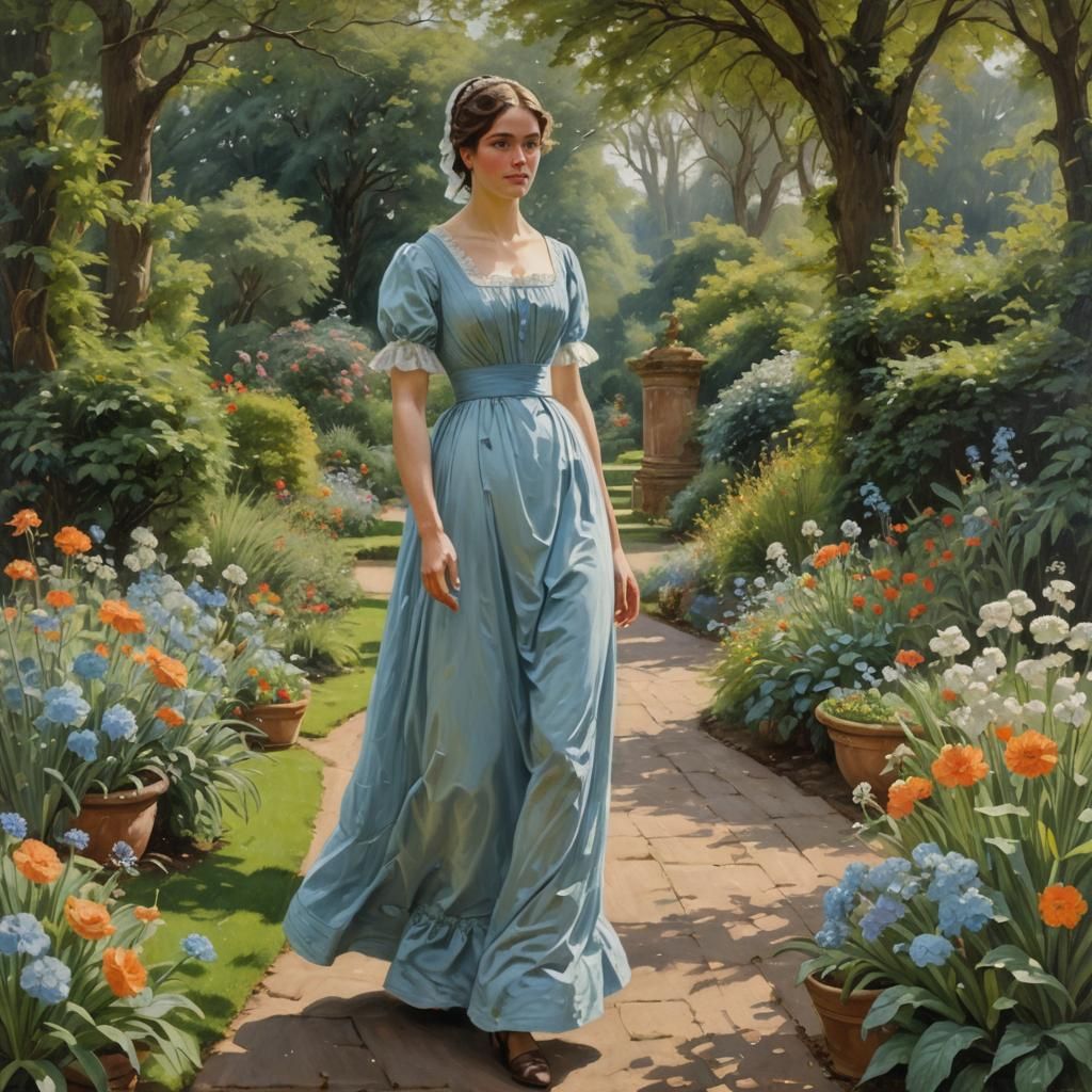 Regency Era Lady in Garden, Oil Painting