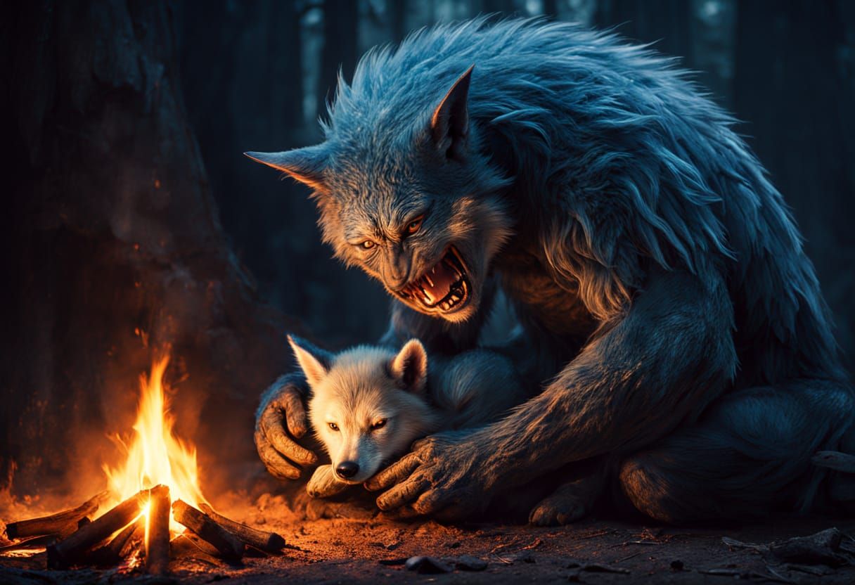 Blue Monster Cuddles Wolf Cub in Dramatic Lighting